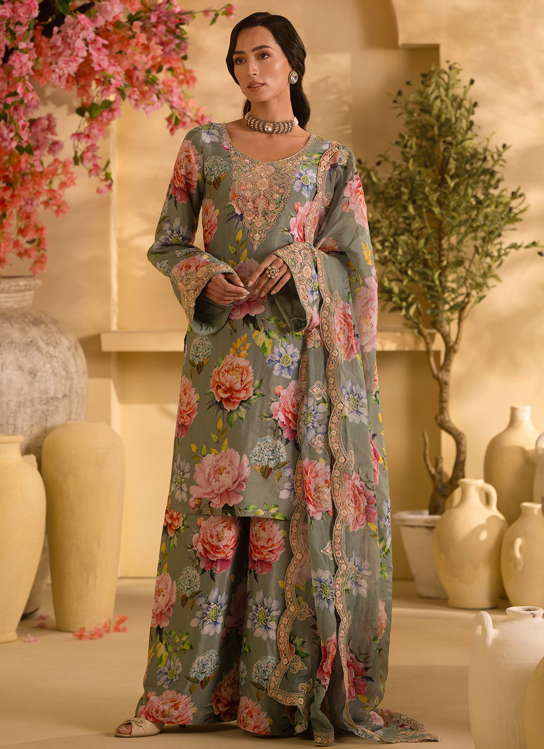 Dusty Mint Floral Embroidered Satin Georgette Palazzo Suit