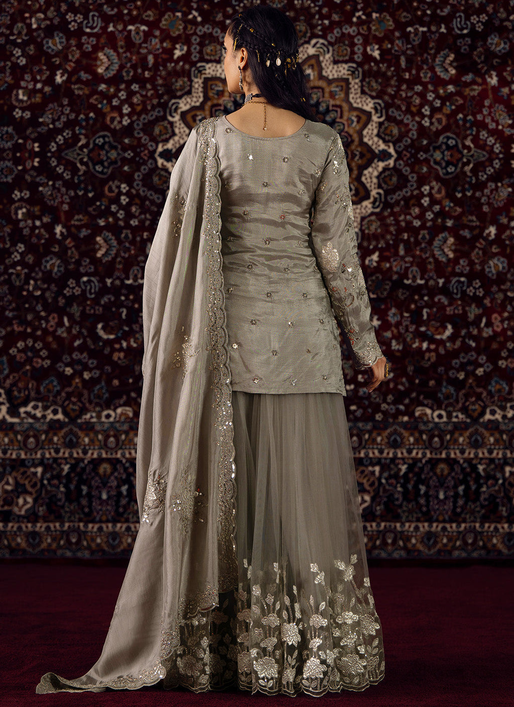 Grey Embroidered Silk Sharara Suit