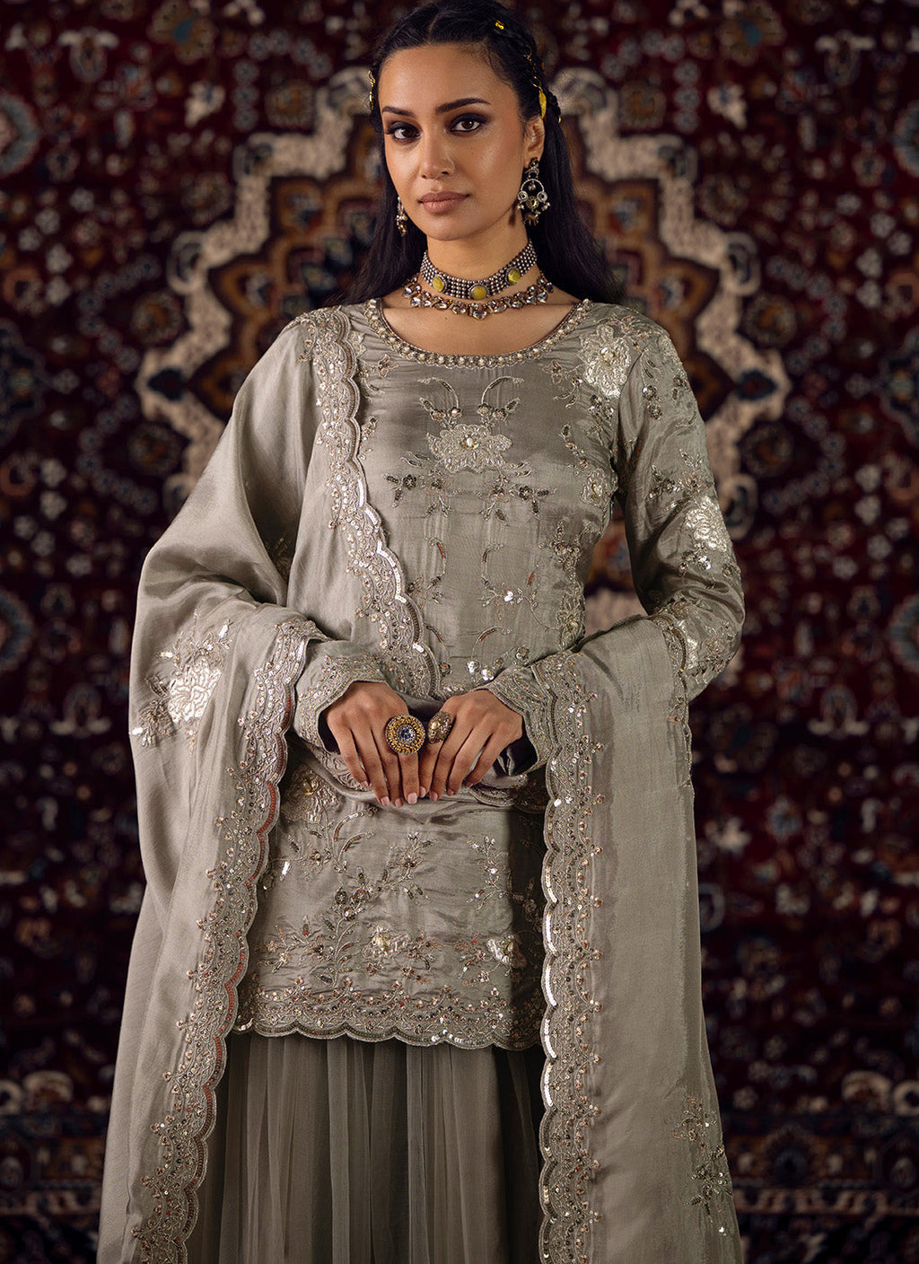 Grey Embroidered Silk Sharara Suit