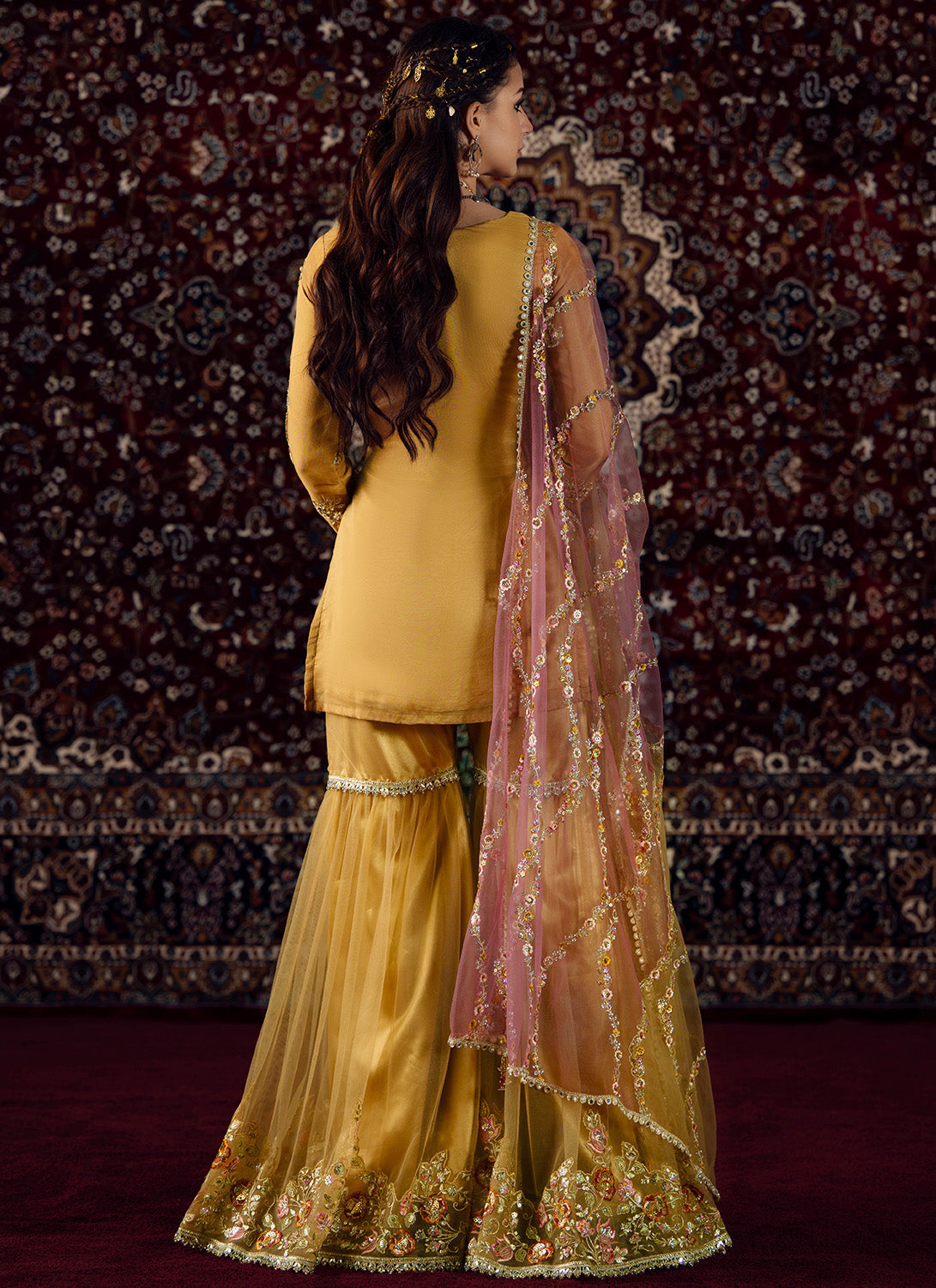 Mustard and Pink Embroidered Tissue Gharara