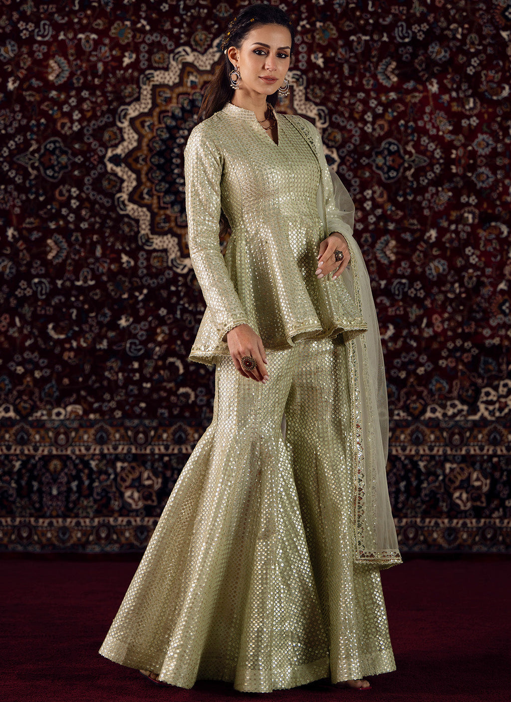Light Grey Embroidered Viscose Tissue Sharara Suit