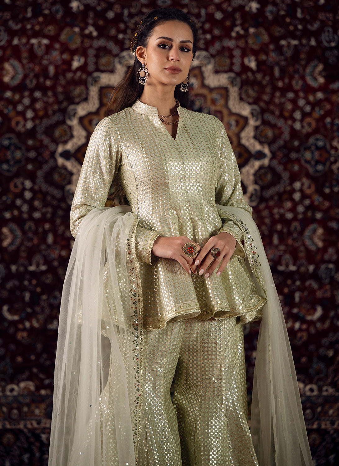 Light Grey Embroidered Viscose Tissue Sharara Suit