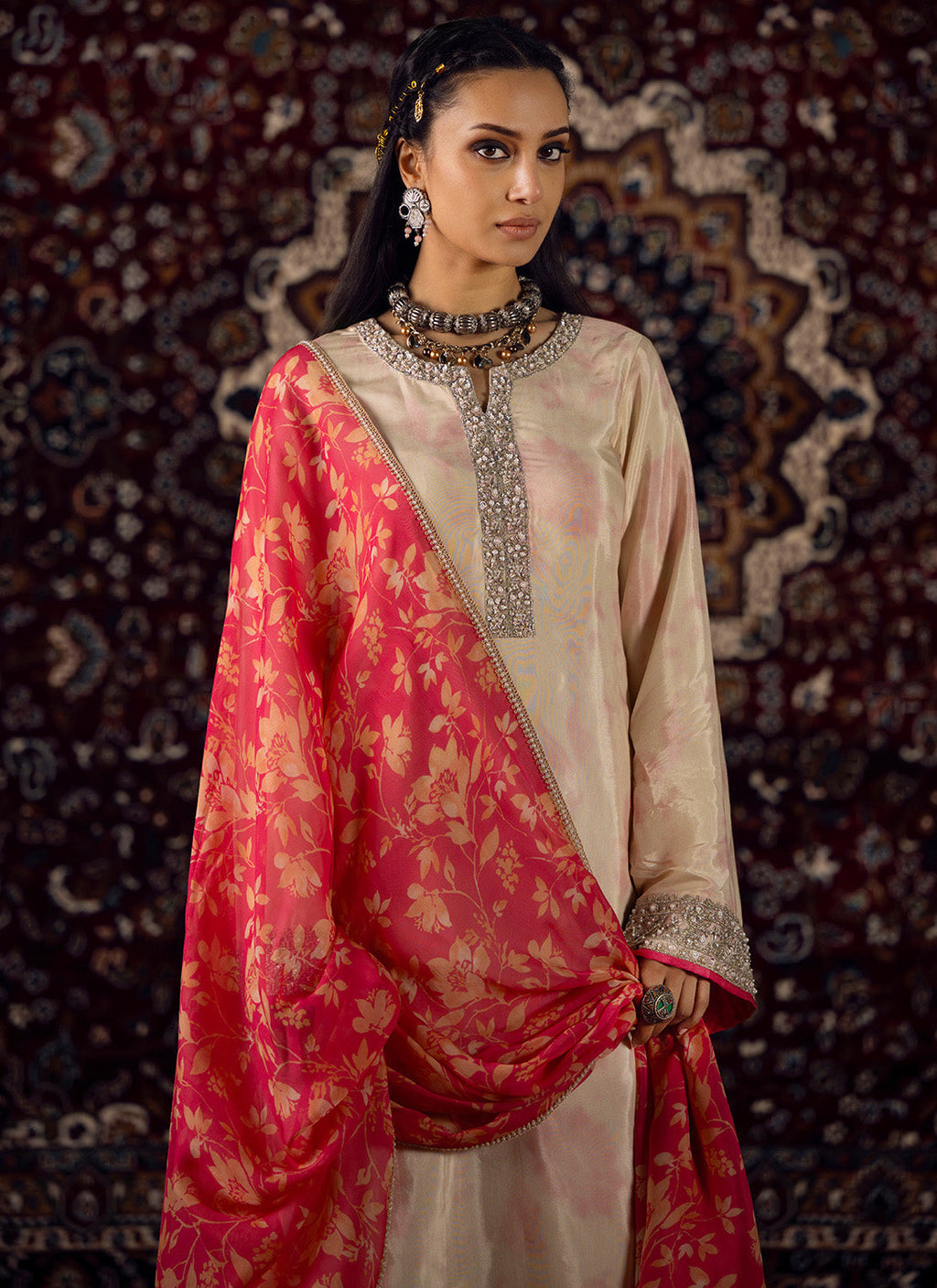 Off White and Pink Embroidered Silk Satin Palazzo Suit