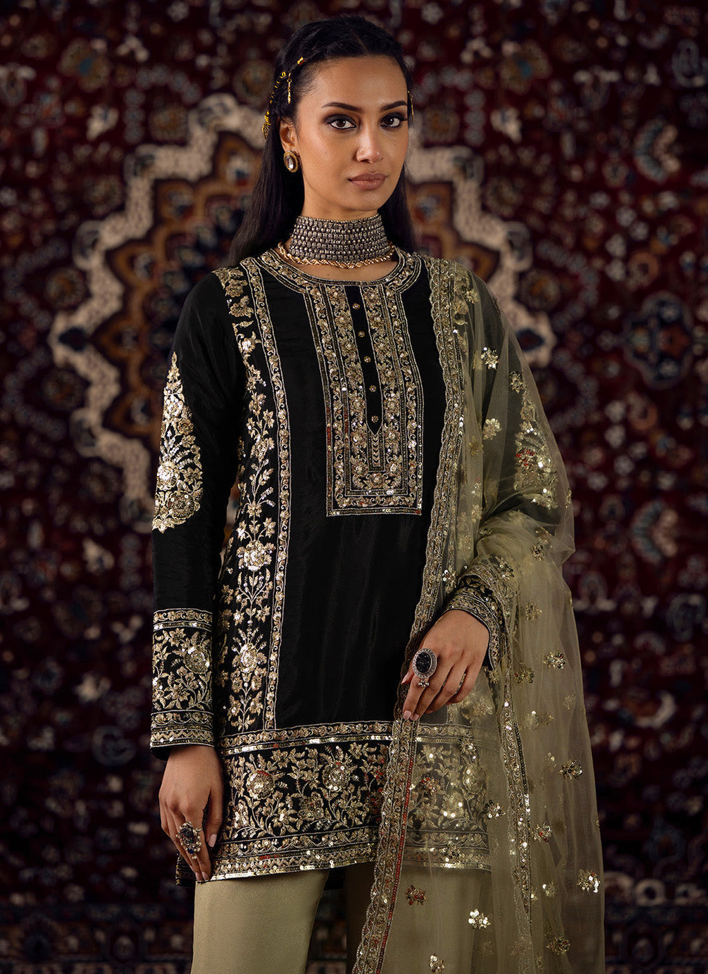 Black and Gold Embroidered Organza Pant Suit