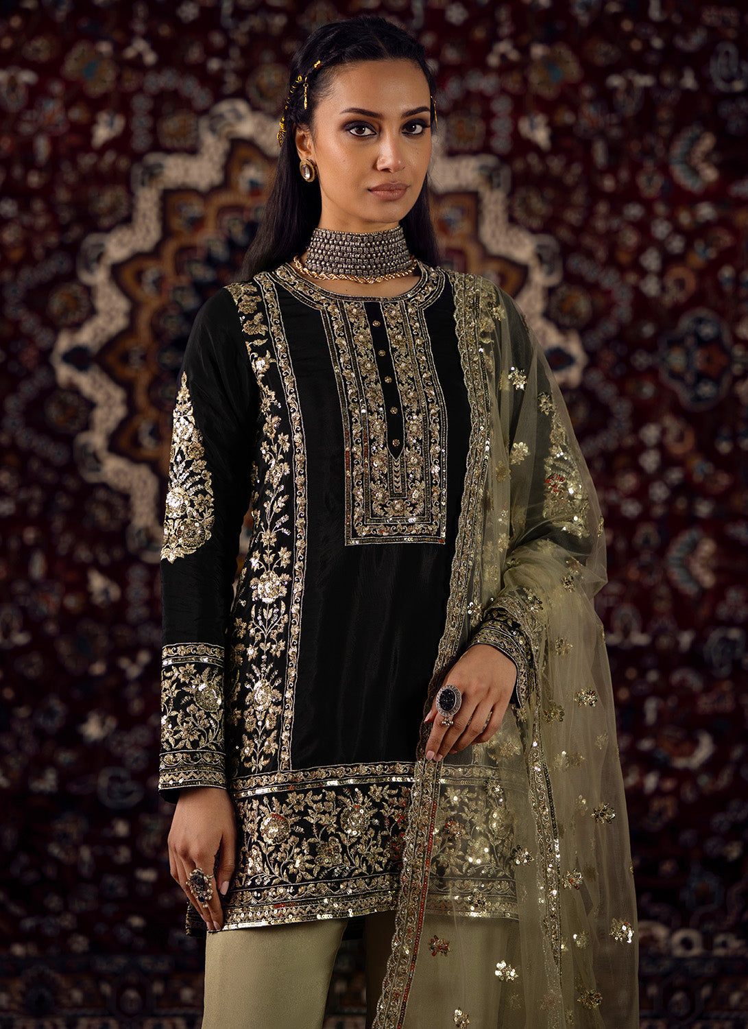 Black and Gold Embroidered Organza Pant Suit