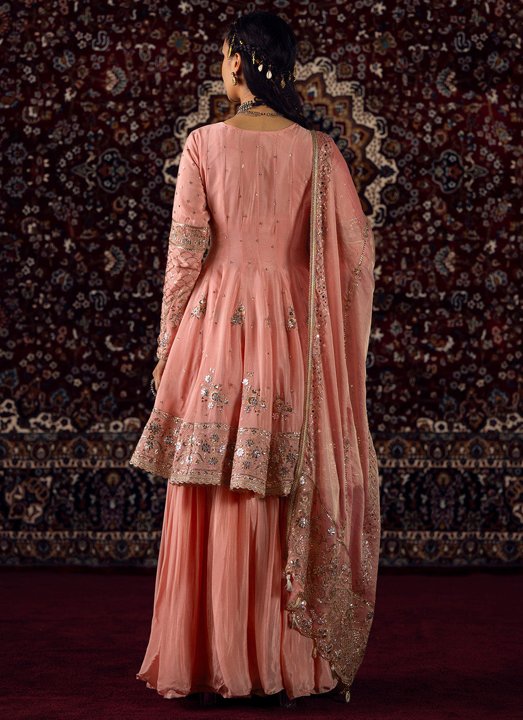 Peachy Pink Embroidered Viscose Chinon Sharara