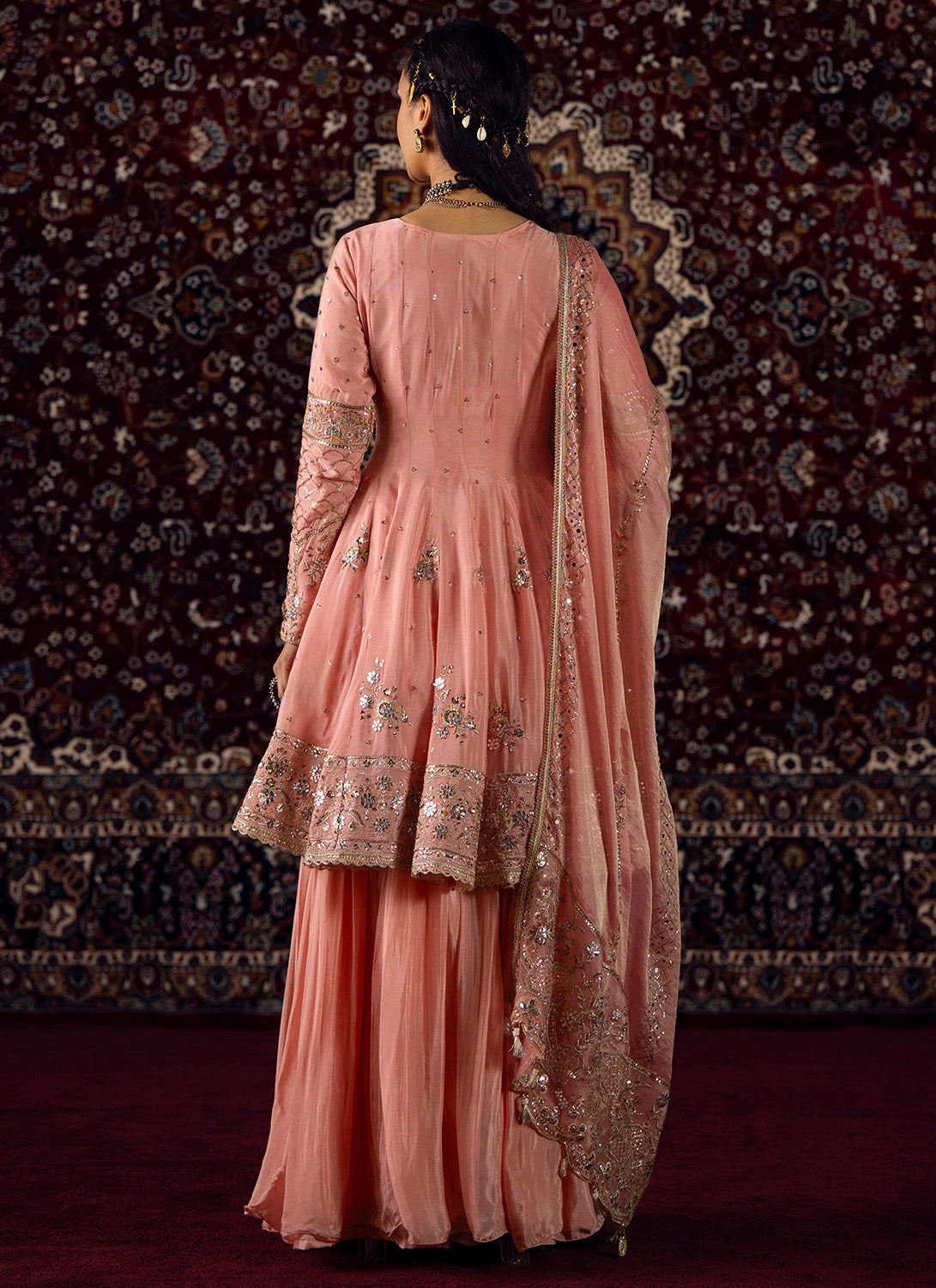 Peachy Pink Embroidered Viscose Chinon Sharara