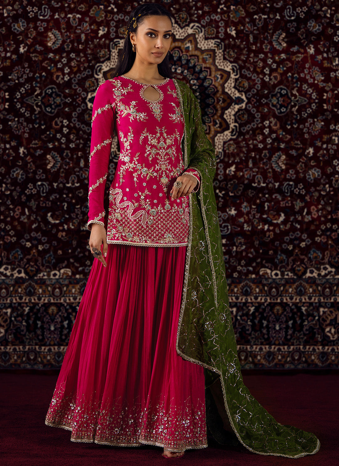 Pink and Mehendi Green Embroidered Viscose Crepe Sharara