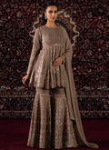 Dusty Taupe Embroidered Chinon Gharara Suit