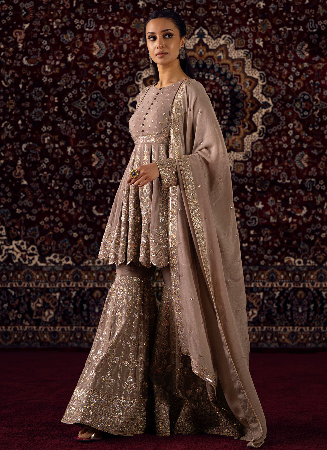Dusty Taupe Embroidered Chinon Gharara Suit