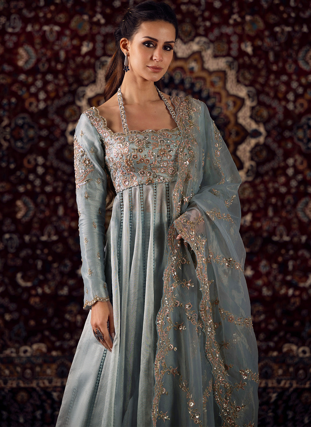 Dusty Blue Embroidered Organza Anarkali