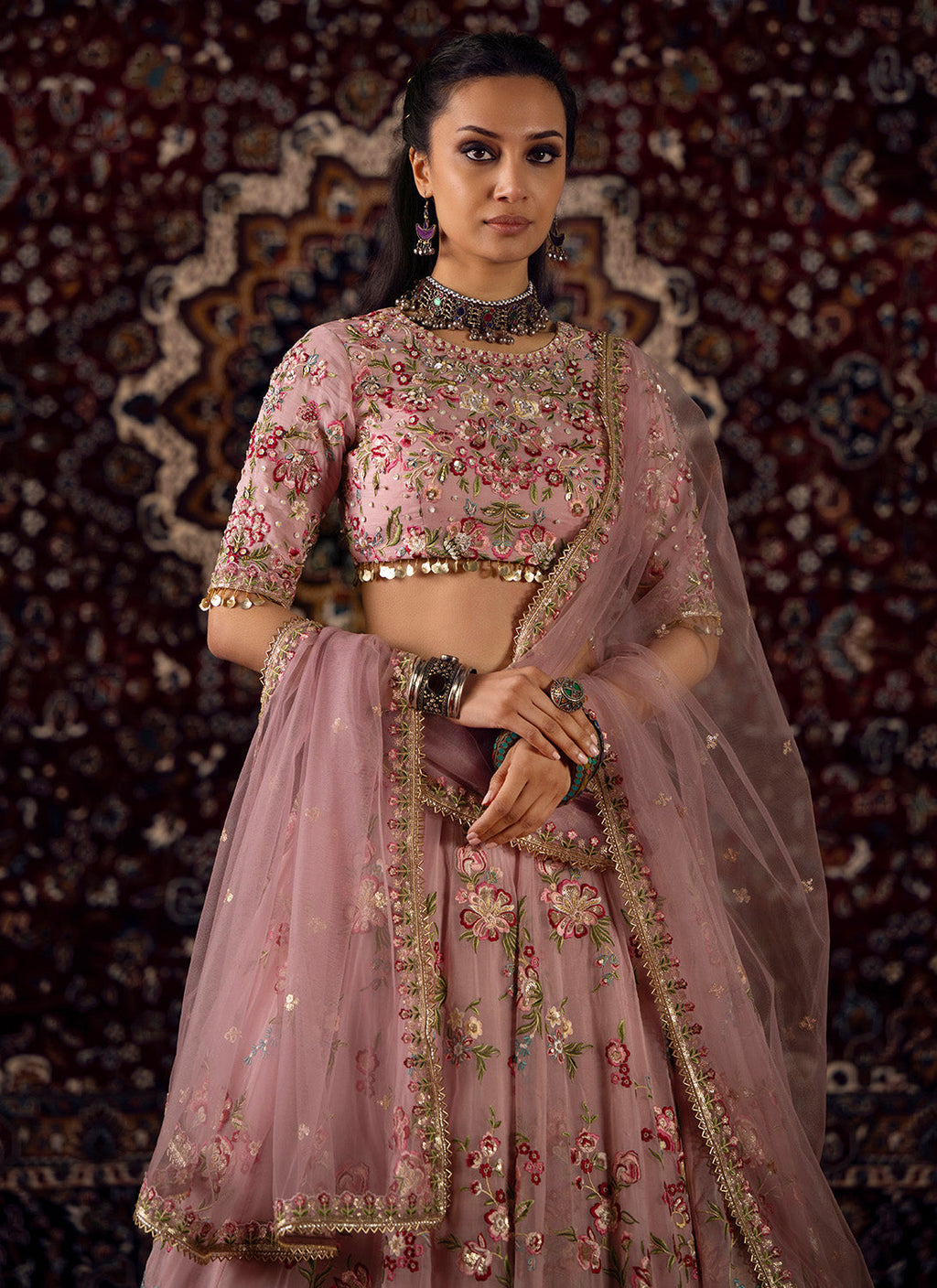 Pink Floral Embroidered Organza Lehenga
