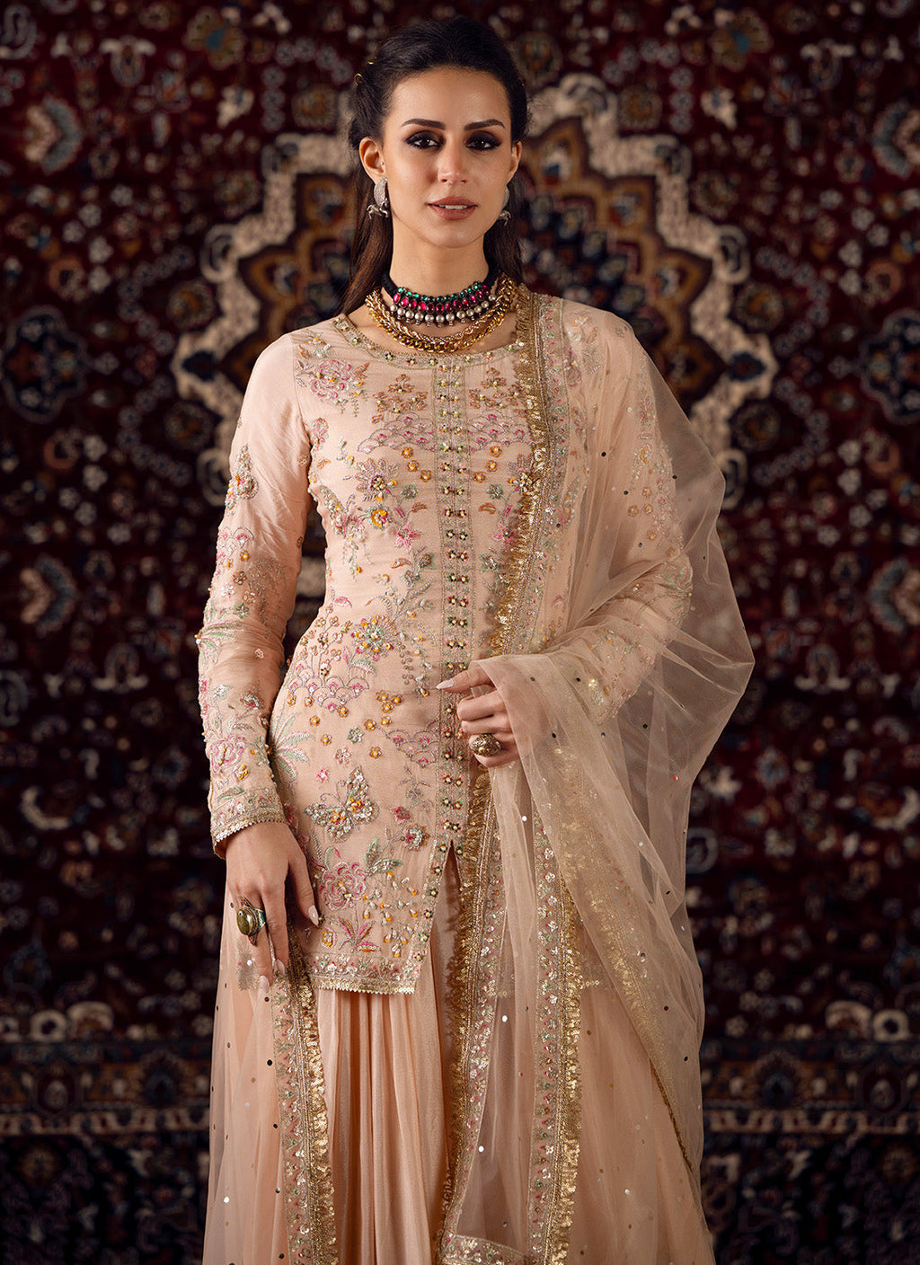 Soft Peach Embroidered Viscose Chinon Gharara