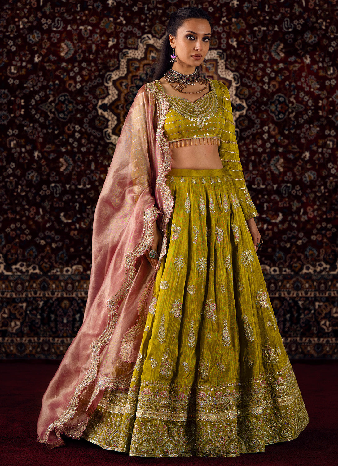 Mustard Olive Green Embroidered Viscose Tissue Lehenga