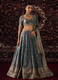 Dusty Blue Embroidered Satin Silk Lehenga