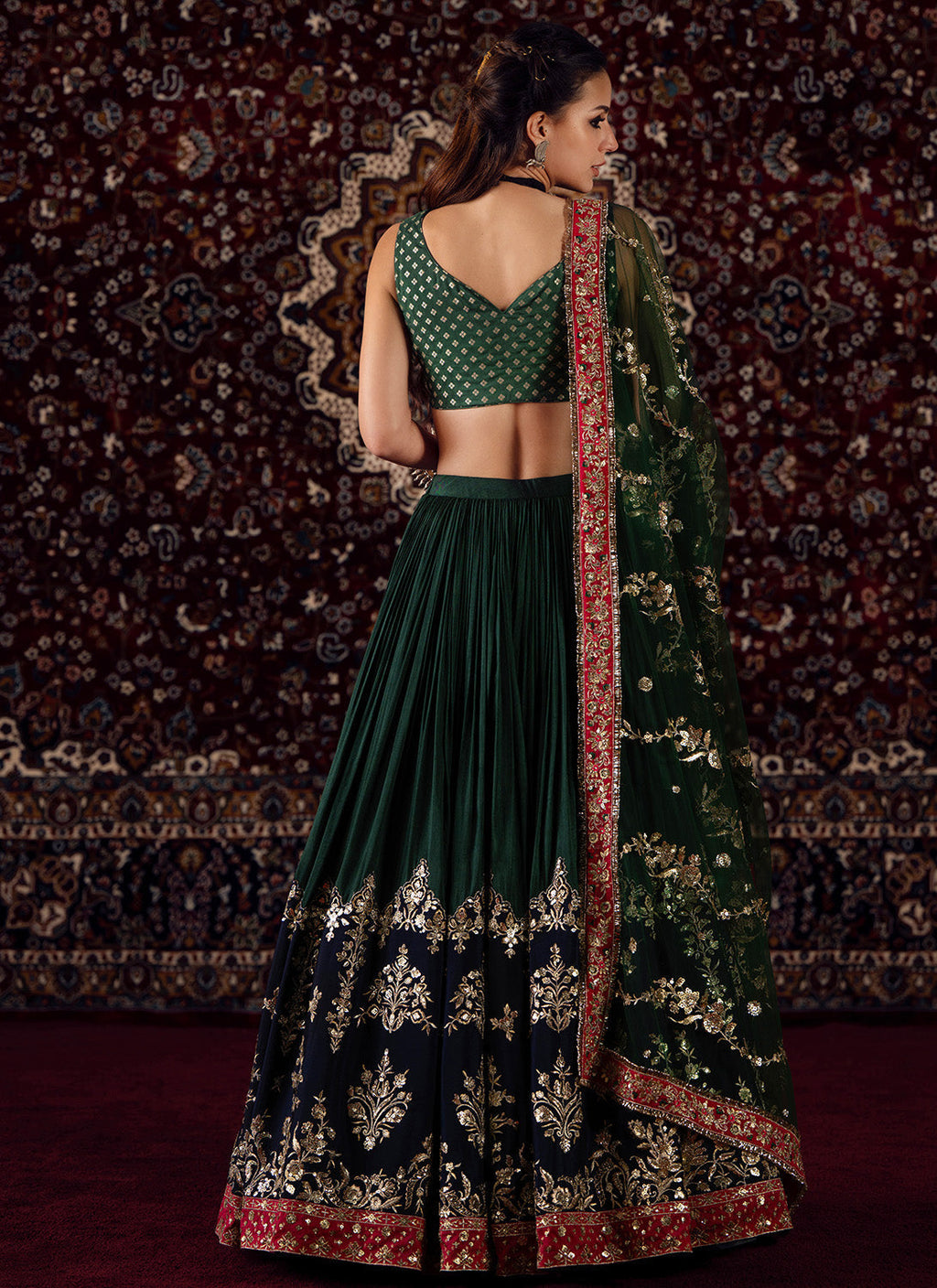 Green Embroidered Brocade Lehenga