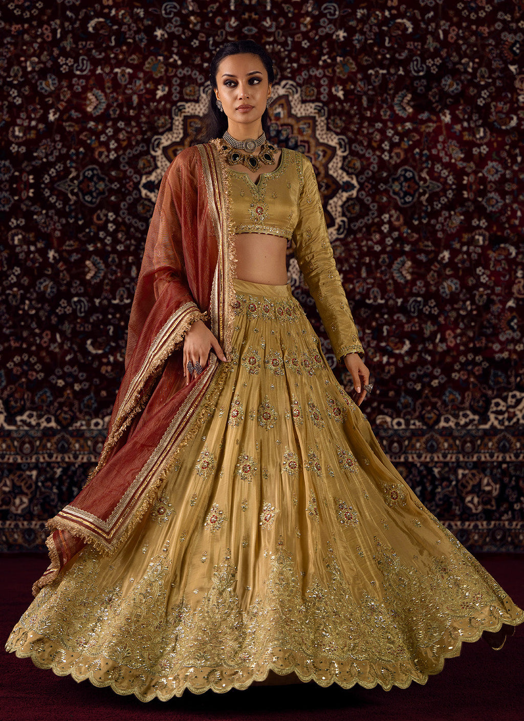 Gold and Maroon Embroidered Viscose Silk Lehenga