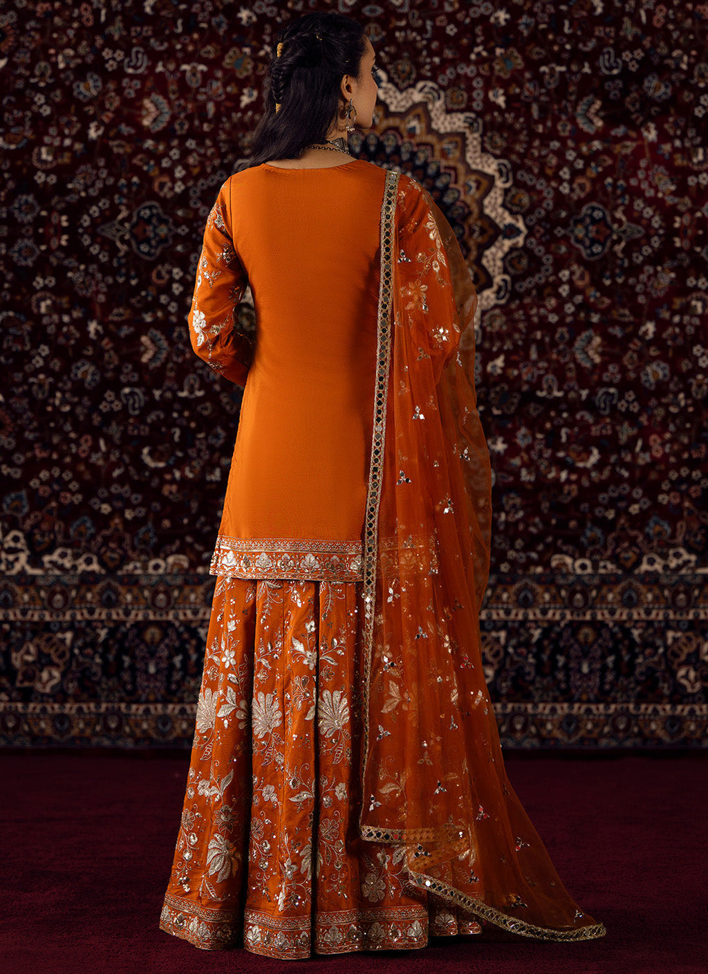 Rust Orange Embroidered Viscose Silk Sharara