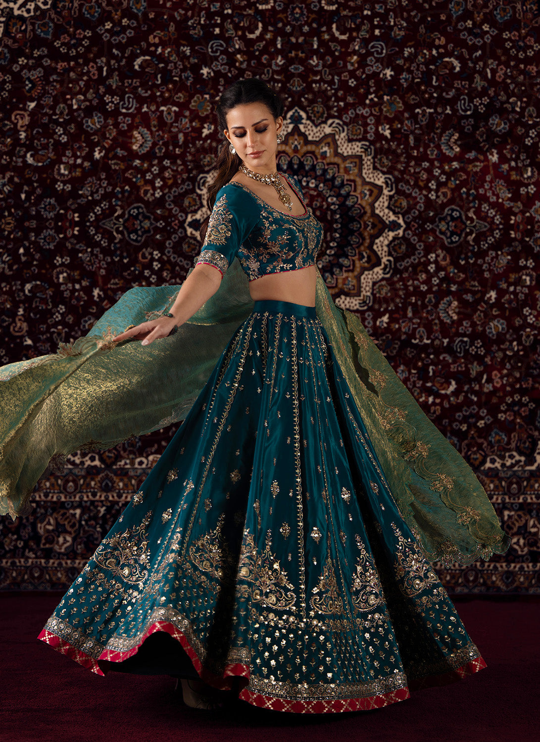 Teal Blue Embroidered Viscose Crepe Lehenga