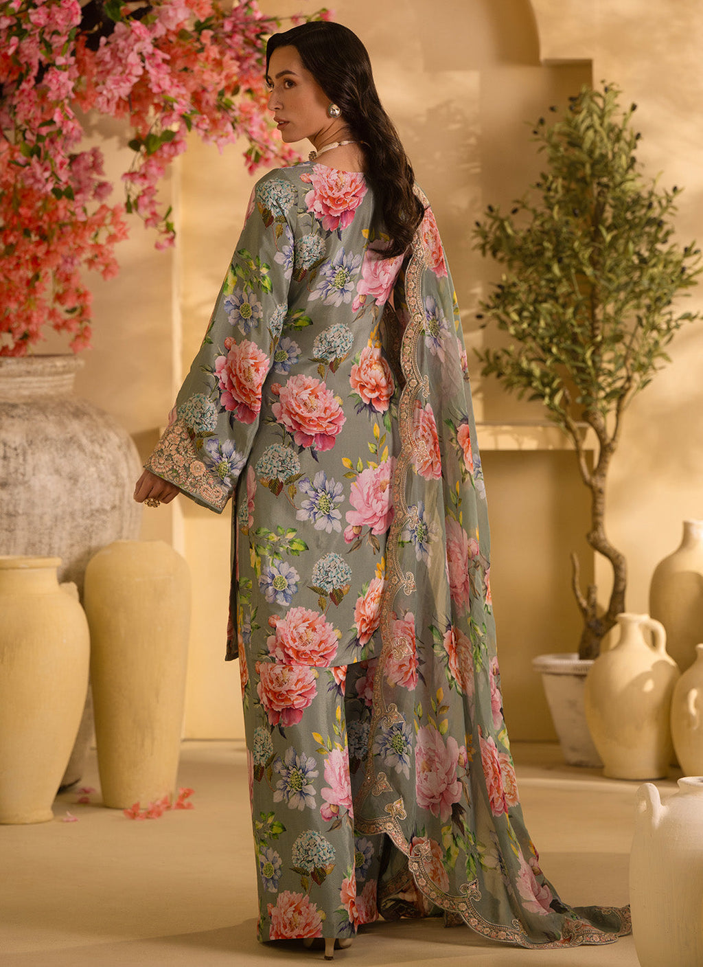 Dusty Mint Floral Embroidered Satin Georgette Palazzo Suit