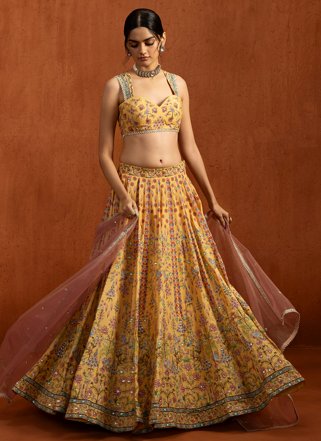 Yellow Multicolor Printed Viscose Silk Lehenga