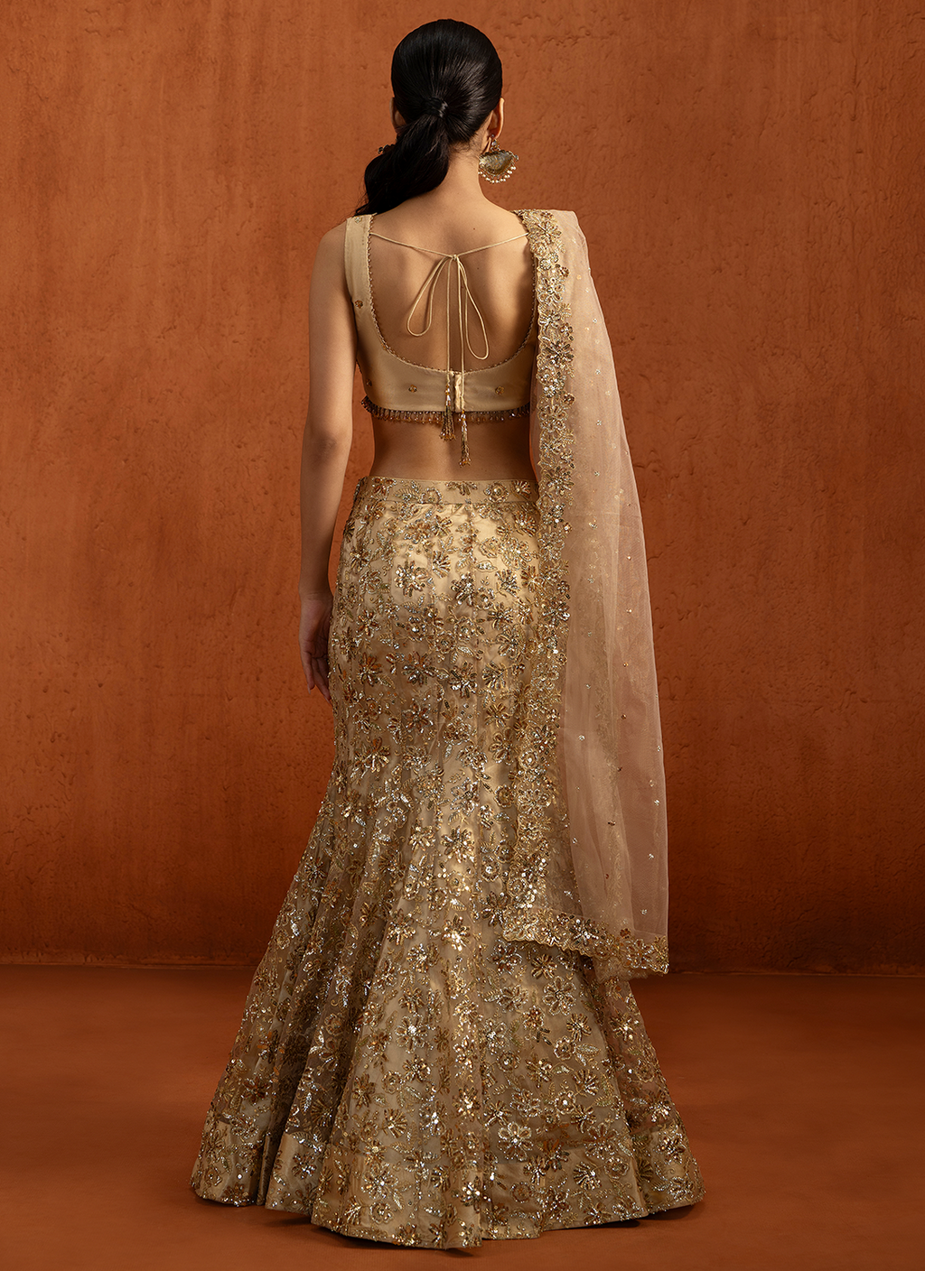Gold Fishcut Embroidered Net Lehenga