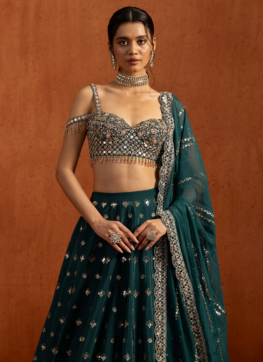 Teal Embroidered Crepe Lehenga