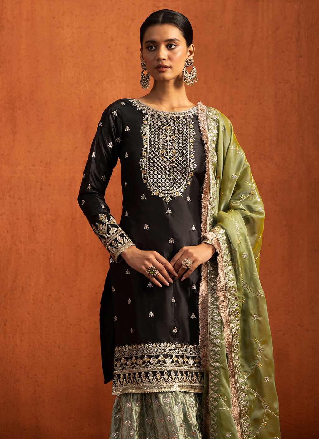 Black and Green Embroidered Silk Sharara Suit