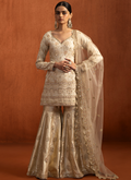 Off White Embroidered Brocade Gharara Suit