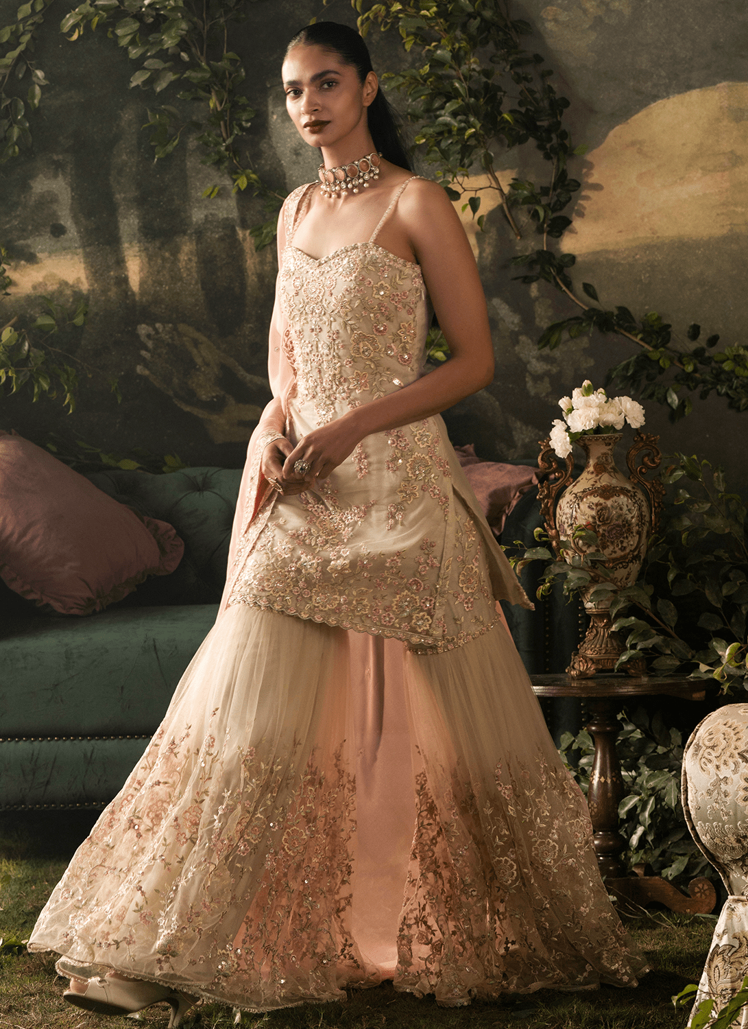 Beige and Pink Embroidered Net Gharara