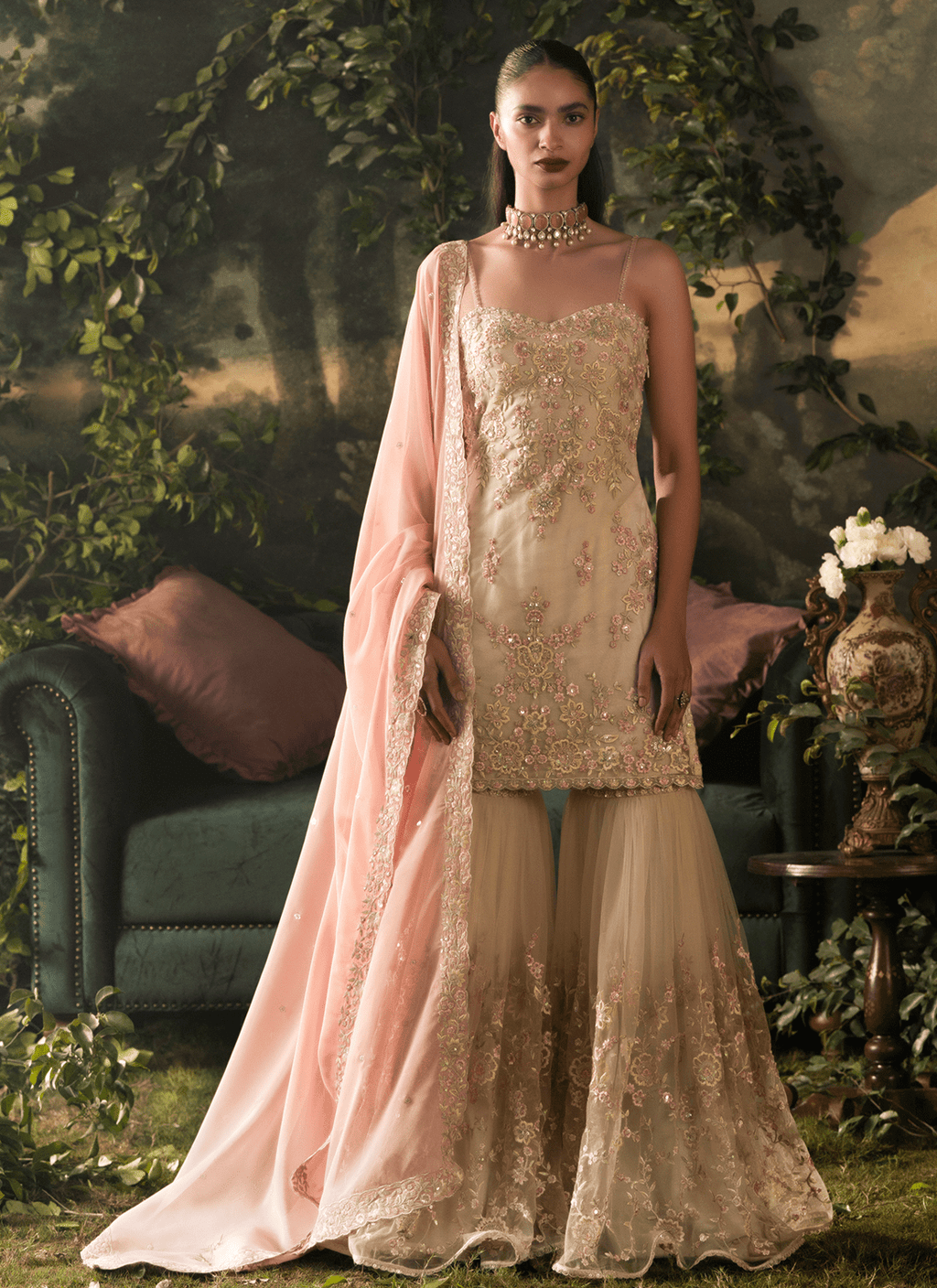 Beige and Pink Embroidered Net Gharara