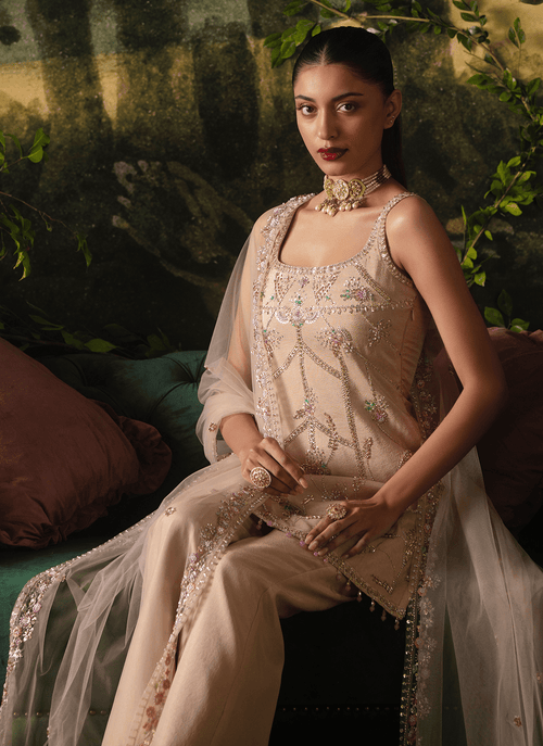Beige Embroidered Tissue Pant Suit