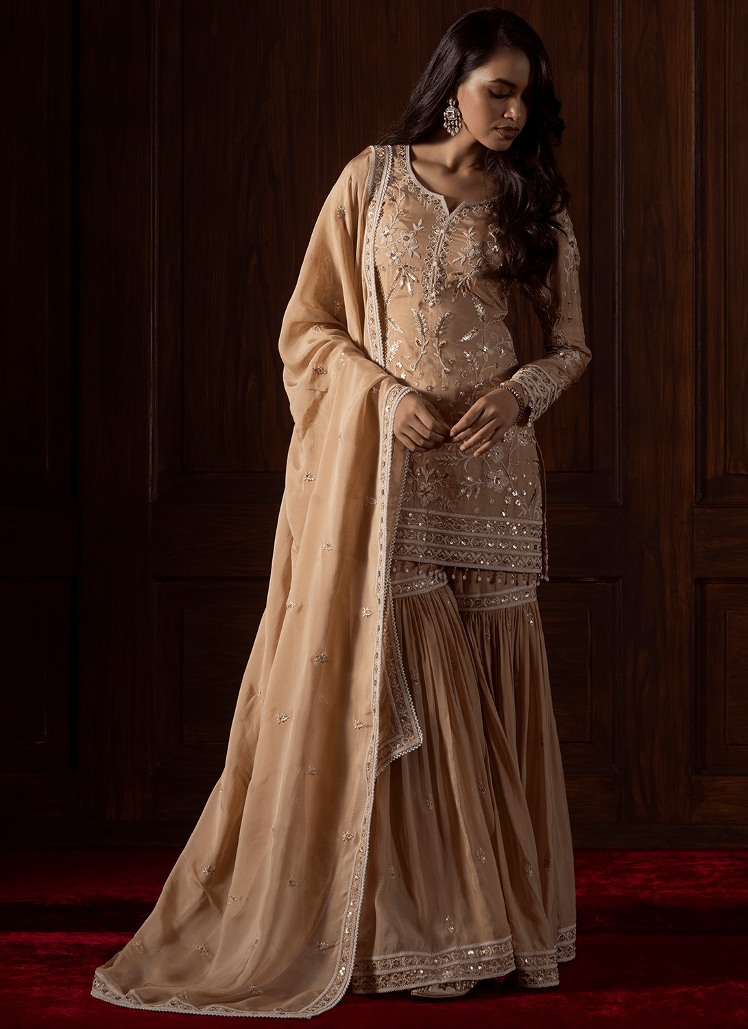 Beige Embroidered Viscose Organza Gharara