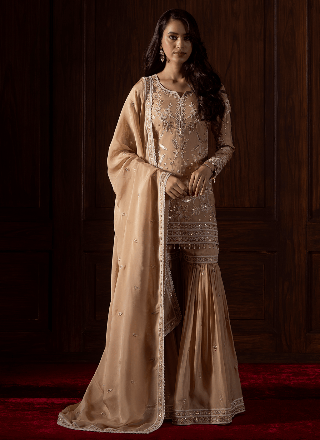 Beige Embroidered Viscose Organza Gharara