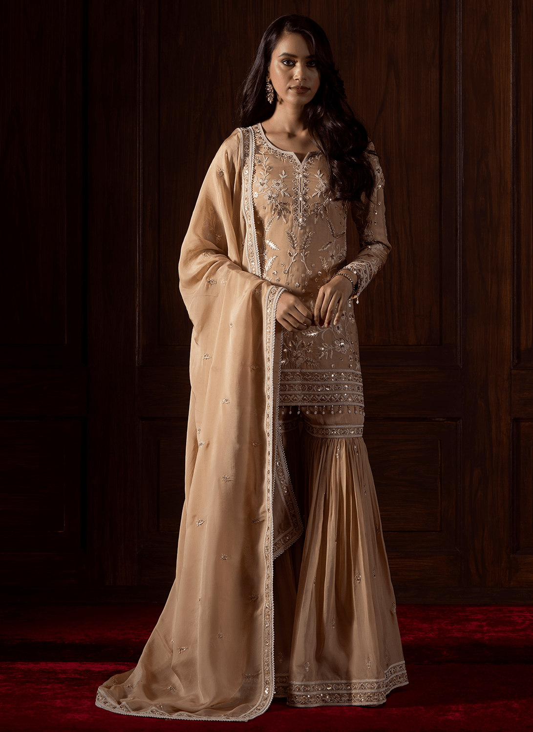 Beige Embroidered Viscose Organza Gharara