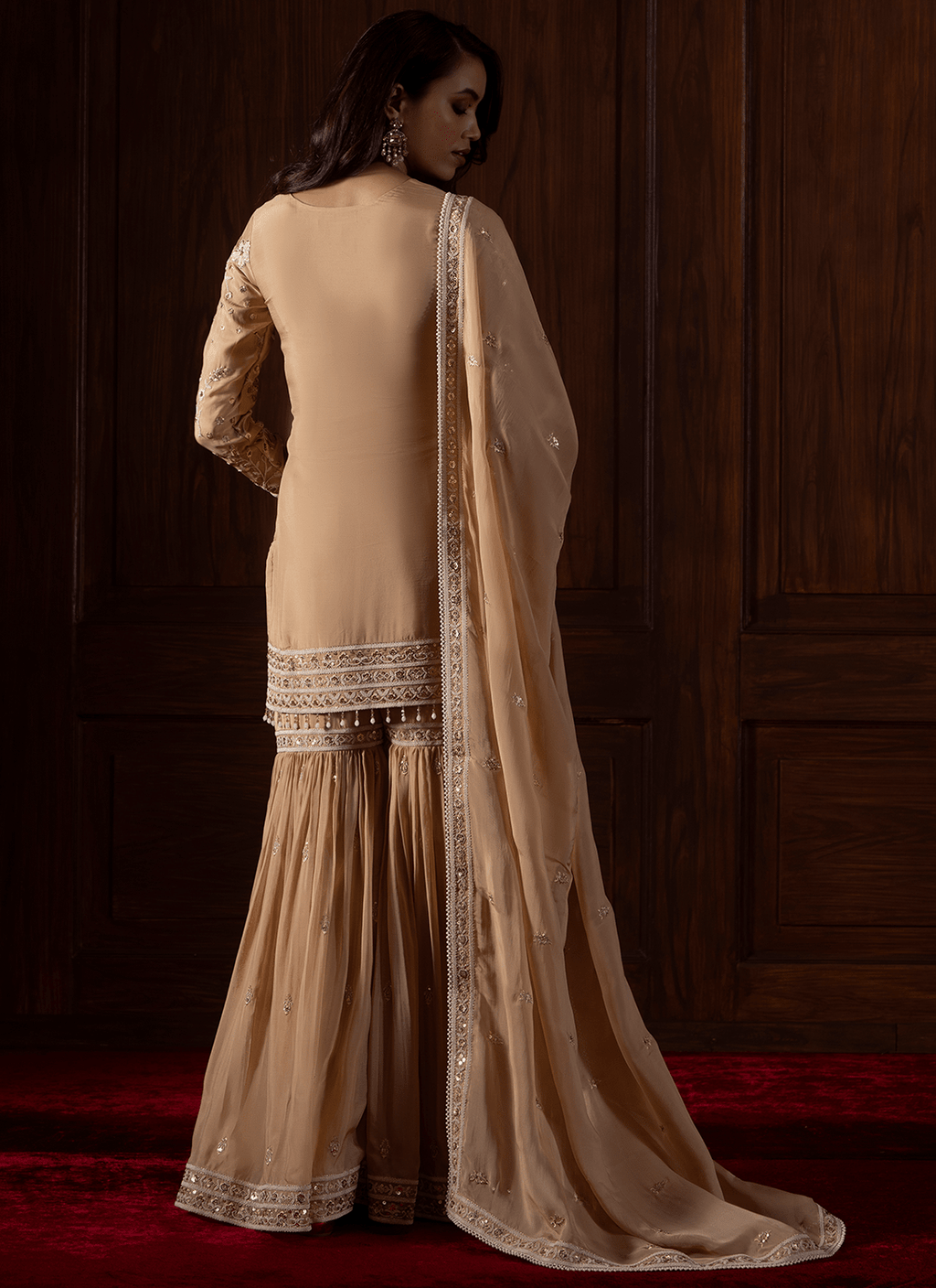 Beige Embroidered Viscose Organza Gharara