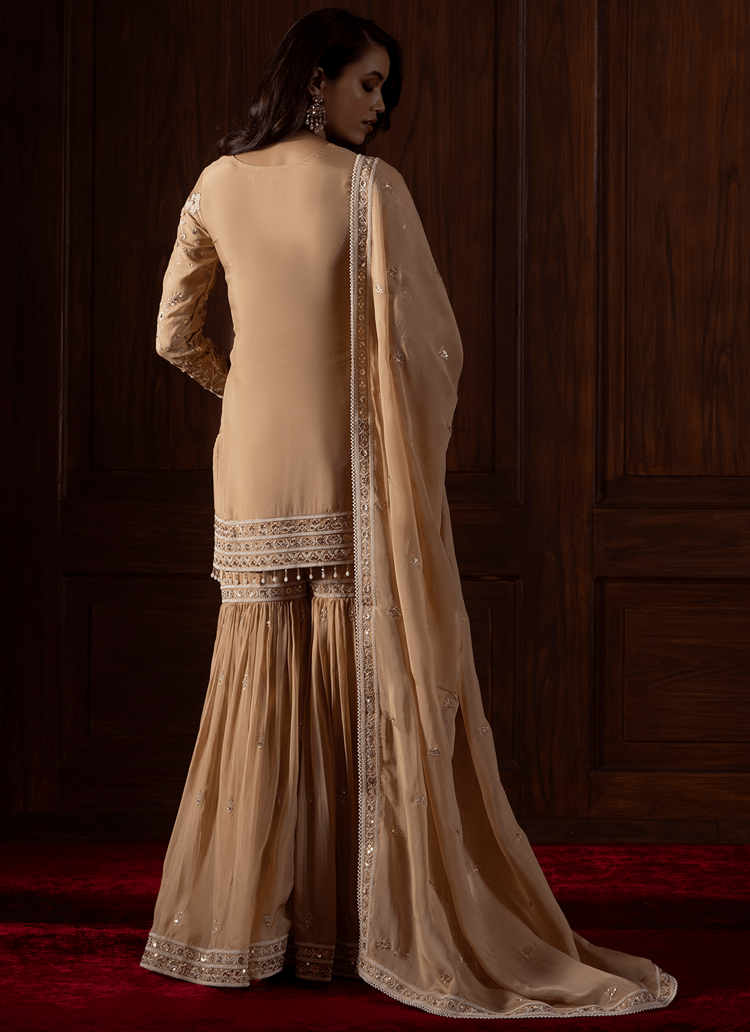 Beige Embroidered Viscose Organza Gharara