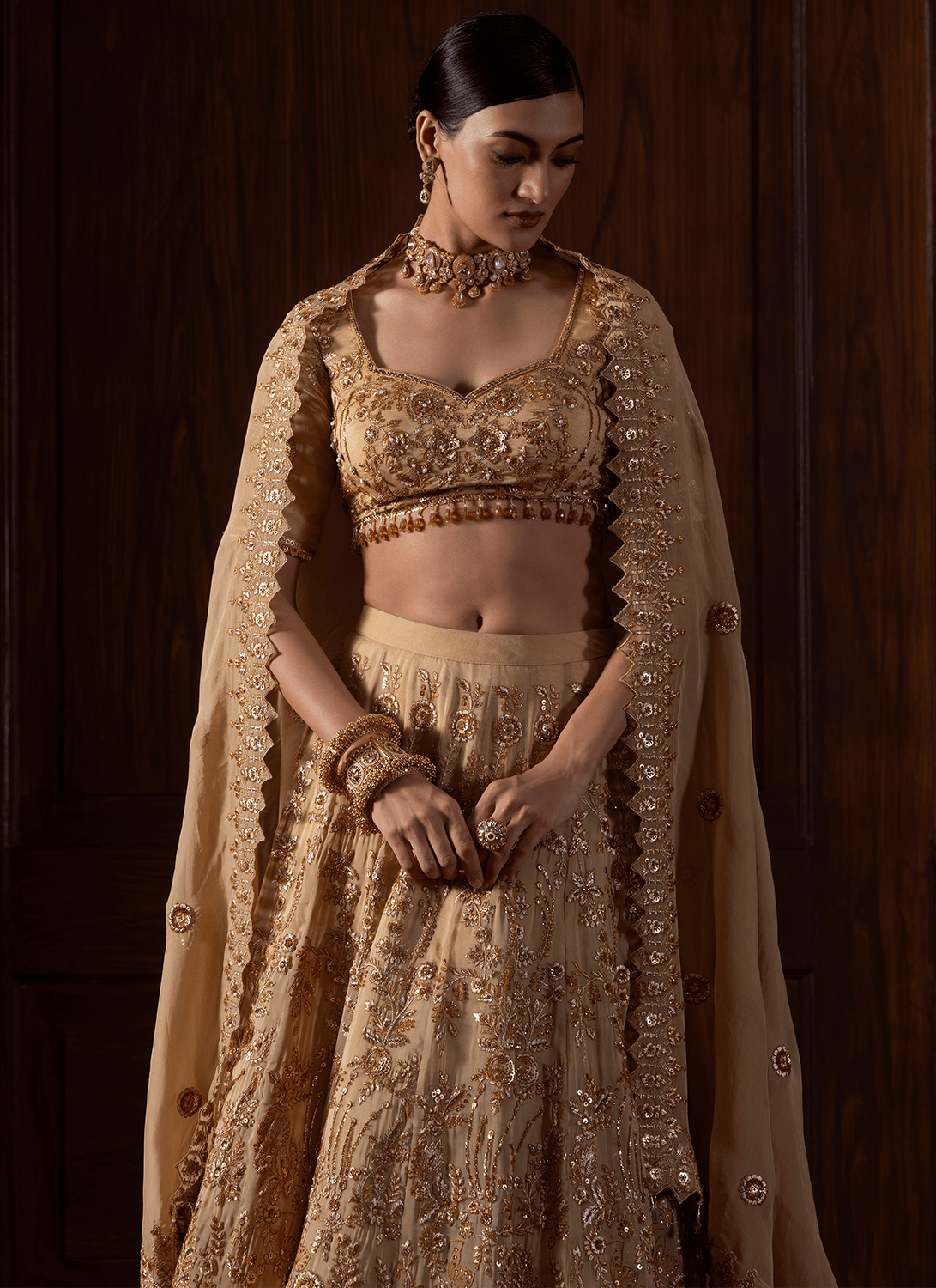 Beige Embroidered Viscose Organza Lehenga