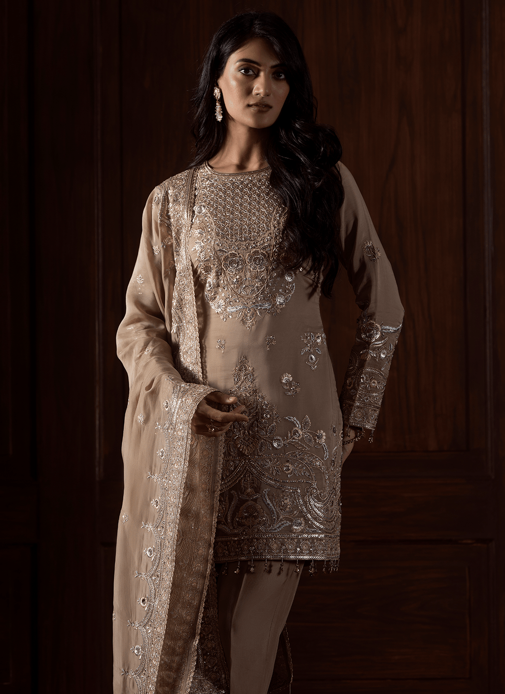 Beige Embroidered Viscose Organza Pant Suit