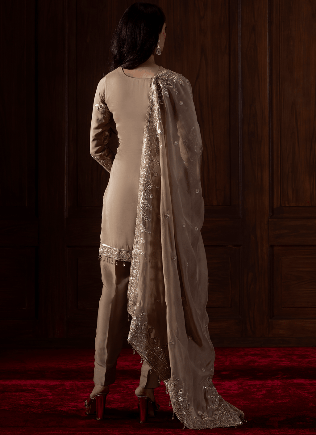 Beige Embroidered Viscose Organza Pant Suit