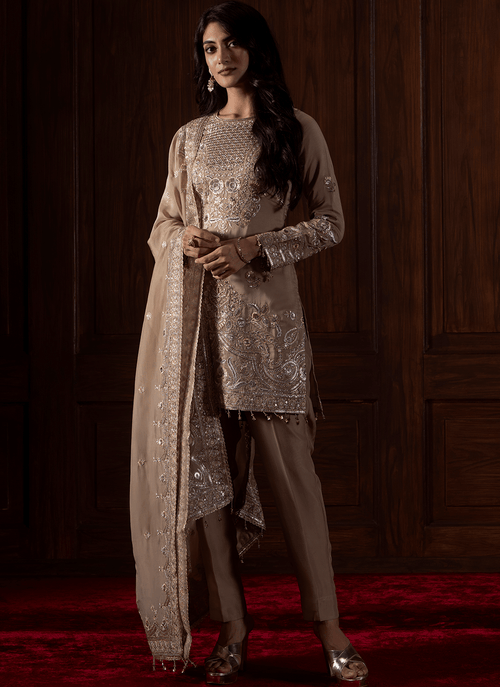 Beige Embroidered Viscose Organza Pant Suit