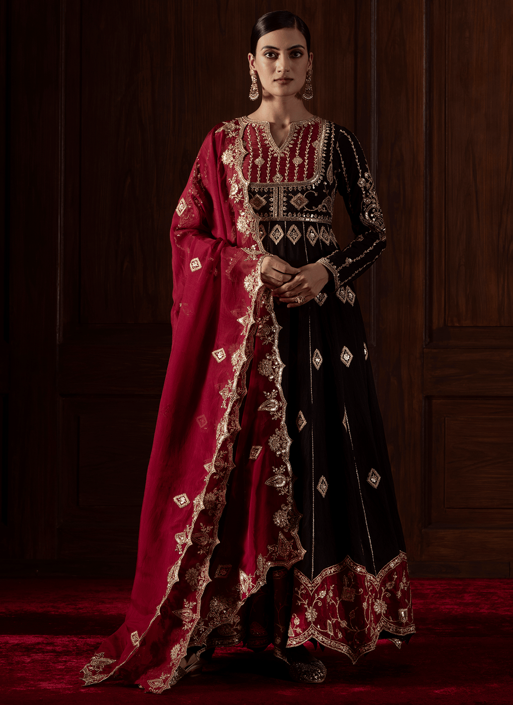 Black and Red Embroidered Chanderi Anarkali