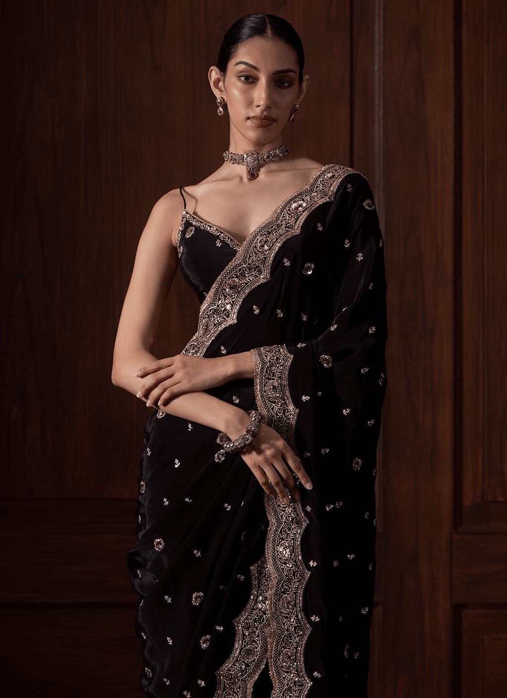 Black Embroidered Crepe Saree