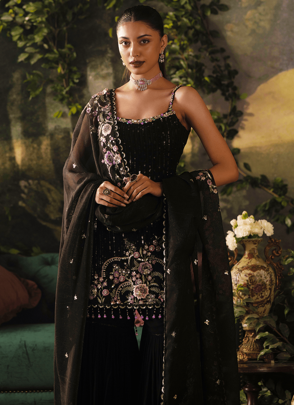 Black Embroidered Viscose Georgette Sharara
