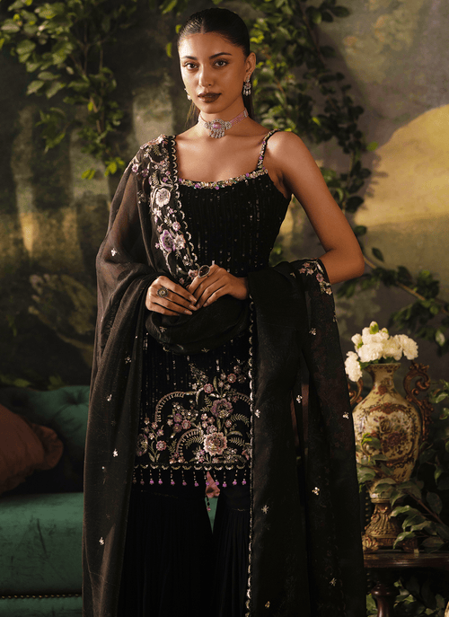 Black Embroidered Viscose Georgette Sharara