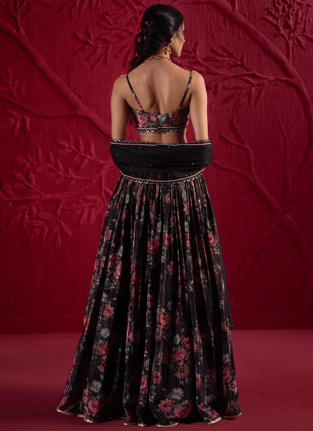 Black Floral Embroidered Crepe Silk Lehenga