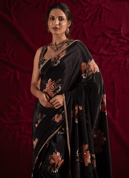 Black Floral Embroidered Crepe Silk Saree
