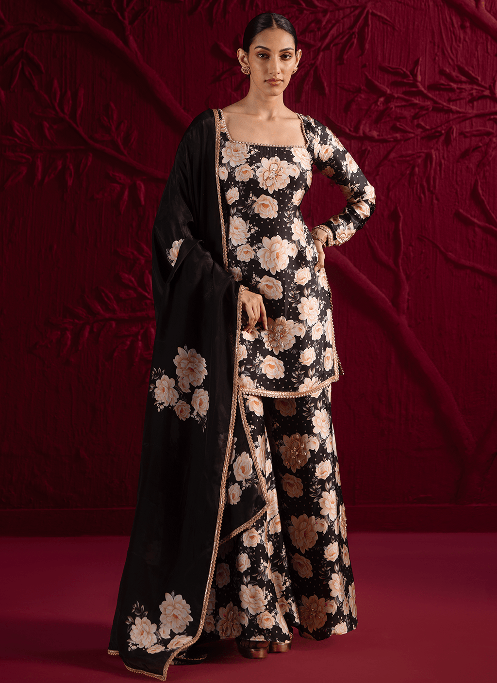 Black Floral Embroidered Satin Georgette Sharara Suit