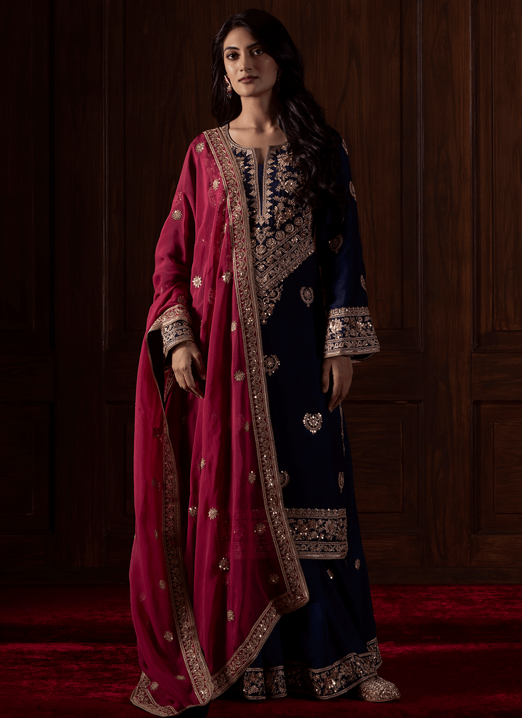 Blue and Magenta Embroidered Silk Sharara