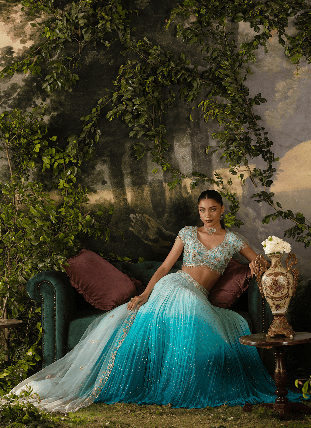 Blue Ombré Embroidered Georgette Lehenga